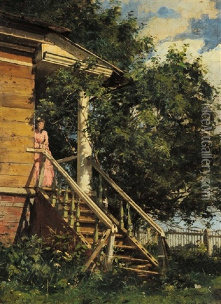 Estate, Donna Sul Balcone - Casa Padronale A Michajlovskij Zavod Oil Painting - Aleksandr Alexandrovich Svedomskij