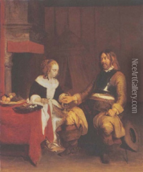 A Soldier Visiting A Lady Oil Painting - Gerard ter Borch the Elder