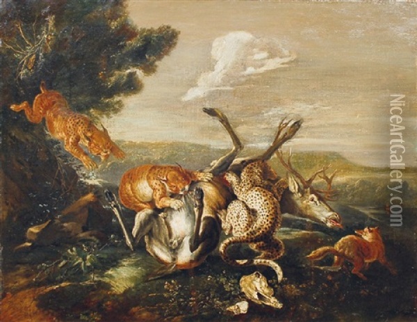 Zwei Luchse Und Ein Leopard Reisen Einen Hirsch Oil Painting - Johann Elias Ridinger