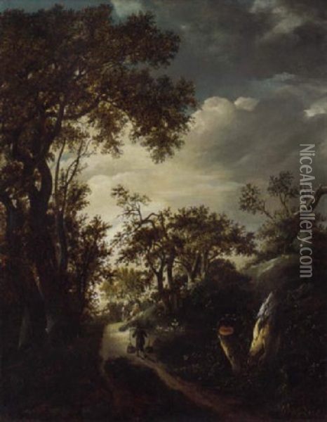 A Wooded Landscape With A Man Carrying Water On A Track, Two Figures Near A Gate Beyond Oil Painting - Jacob Van Ruisdael