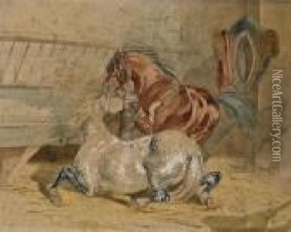 Deux Chevaux Dans Une Ecurie Oil Painting - Alfred De Dreux