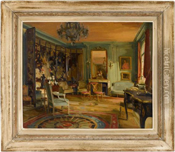 Interior With Blue Chair Oil Painting - Paul Jean Hugues