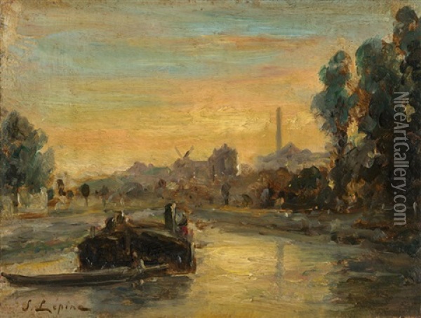 Blick Auf Einen Fluss Mit Kahn In Der Morgenstimmung Oil Painting - Stanislas Lepine