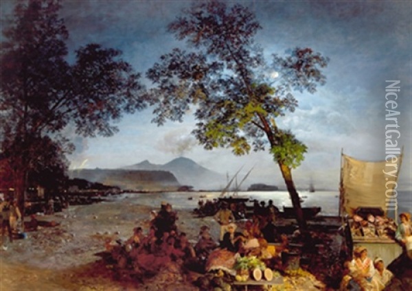 Ein Geselliger Sommerabend In Der Bucht Von Neapel Oil Painting - Oswald Achenbach