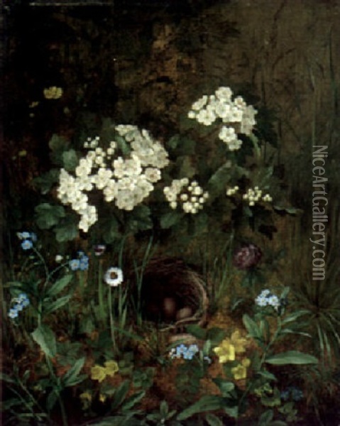 Birdsnest In A Bed Of Wildflowers Oil Painting - Otto Didrik Ottesen