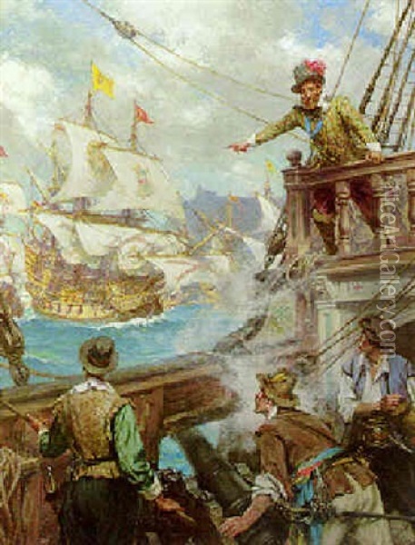 Sir Francis Drake At Cadiz Oil Painting - Arthur David Mccormick