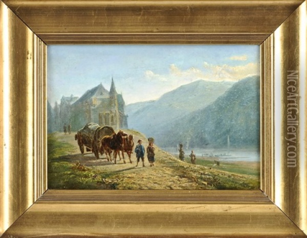 Von Bergen Gesaumte Fluslandschaft Mit Bauern U. Kirchbau Im Hintergrund Oil Painting - Peter Kornbeck