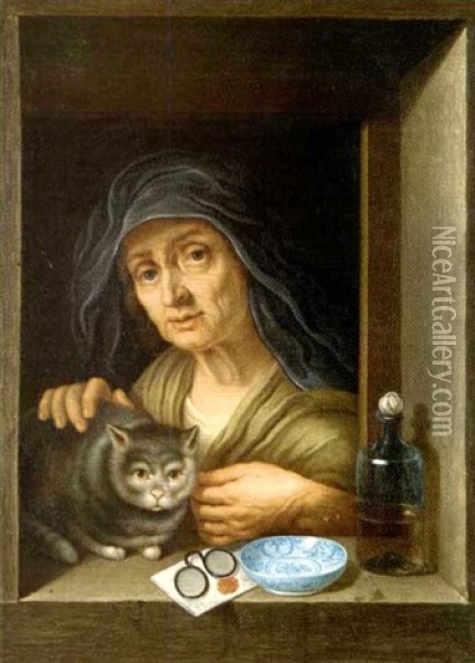 Femme Et Son Chat A La Fenetre Oil Painting - Johann Jakob Hoch