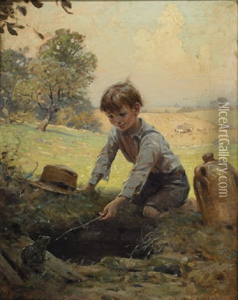 Young Boy Coaxing A Frog Oil Painting - Victor Coleman Anderson