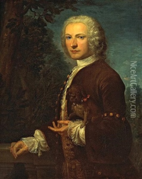 A Portrait Of A Gentleman Holding A Small Dog Oil Painting - Jean Francois Delyen