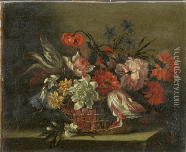 Stillleben Mit Blumen In Einem Korb Oil Painting - Jean-Baptiste Monnoyer