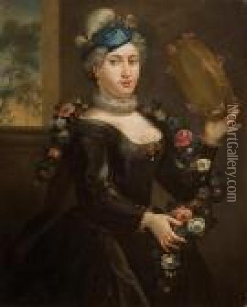 Dama Con Corona Di Fiori E Tamburello Oil Painting - Antoine Pesne