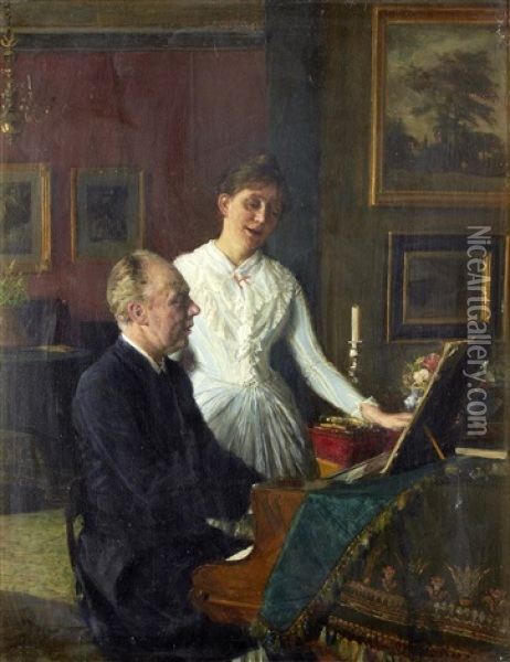 Actor Peter Jerndorff And His Wife Amalie At The Piano Oil Painting - August Andreas Jerndorff