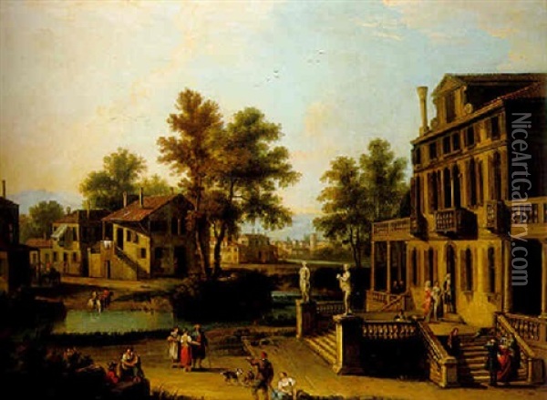 A Town On A River In The Veneto With Elegant Company On The Terrace Of A Villa Oil Painting - Giovanni Battista Cimaroli