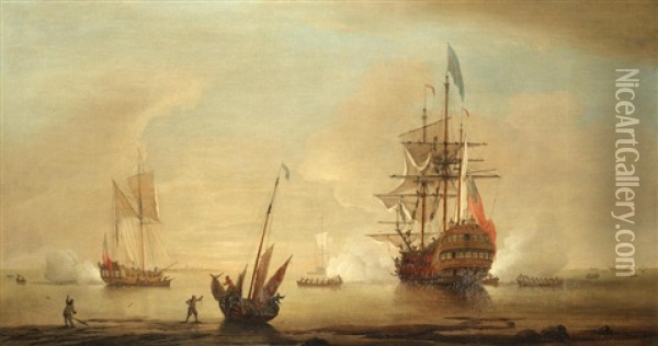 A Bustling Inshore Anchorage, With A Flagship Firing Salutes To Announce Her Readiness To Sail Oil Painting - Peter Monamy
