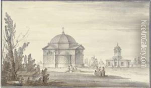 The Tomb Of Lanskoi With The Church At Tsarskoe Selo Oil Painting - Giacomo Quarenghi