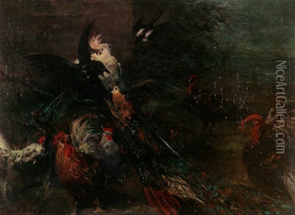 Peacocks, Parrots, A Turkey And Rooters In A Landscape Oil Painting - Paul Friedrich Meyerheim