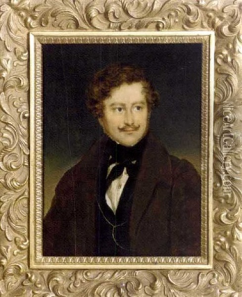 Baron Beust, In Brown Coat, Black Jacket, White Waistcoat And Shirt, Black Cravat, Gold Lorgnette Chain And Gold Stick Pin In His Shirt, Curling Brown Hair And Moustache Oil Painting - Moritz Michael Daffinger