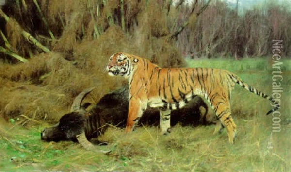 A Tiger With Its Prey Oil Painting - Wilhelm Friedrich Kuhnert