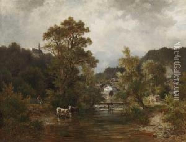 Hirtin Mit Kuhen Am Dorfbach In Voralpenlandschaft Oil Painting - Ludwig Skell