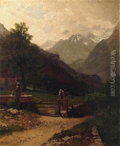 Working Figures In A Mountain Landscape Oil Painting - Hermann Pohle the Elder