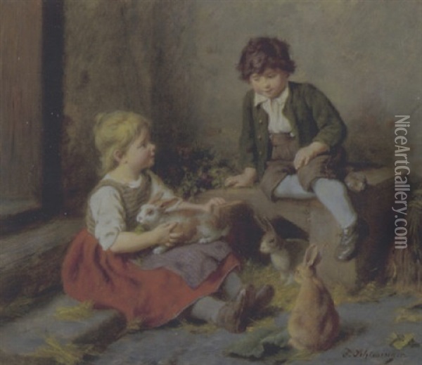 Zwei Kinder Mit Hasen Oil Painting - Felix Schlesinger
