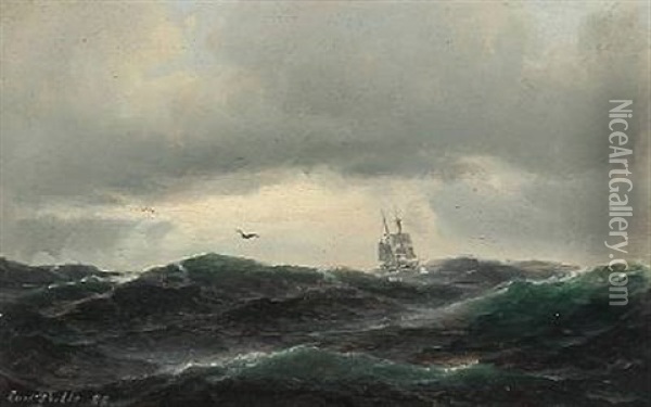 Seascape With High Waves And A Sailing Ship Oil Painting - Carl Ludwig Bille