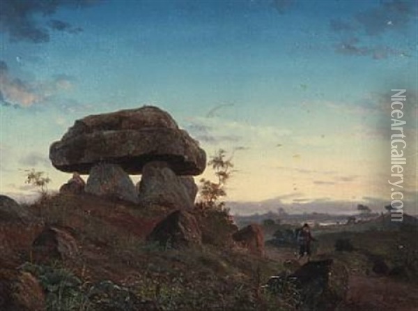 Evening Landscape With Barrows And A Peddler Oil Painting - Niels Anker Lund