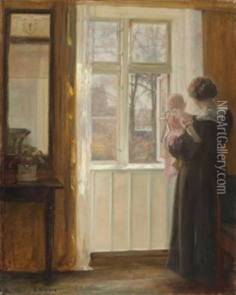 A Mother And Child At A Window Oil Painting - Carl Vilhelm Holsoe