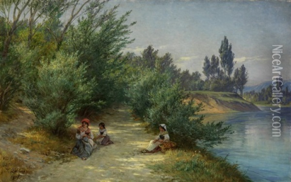 Romische Bauerinnen Mit Kindern An Einem Seeuferweg Oil Painting - Johann Zahnd