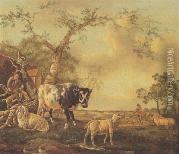 Wijds Landschap Met Een Herdersjongen, Een Koe En Schapen Bij Een Boom Oil Painting - Barend Hendrik Thier