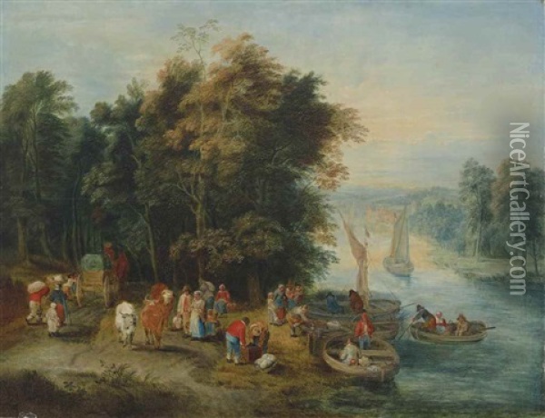 A Wooded River Landscape With Travellers On A River Bank And Figures In Boats Oil Painting - Theobald Michau