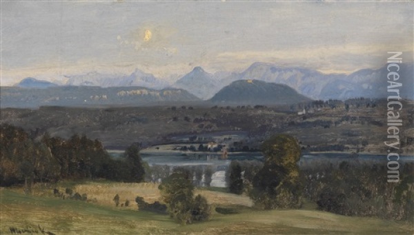 Worther See Mit Den Karntner Alpen Oil Painting - Anton Hlavacek