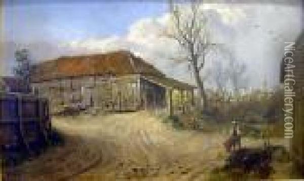 Black Horse Stables At Sidcup Signed, Inscribed And Dated 1867 10 X 18in Oil Painting - Edmund John Niemann, Snr.