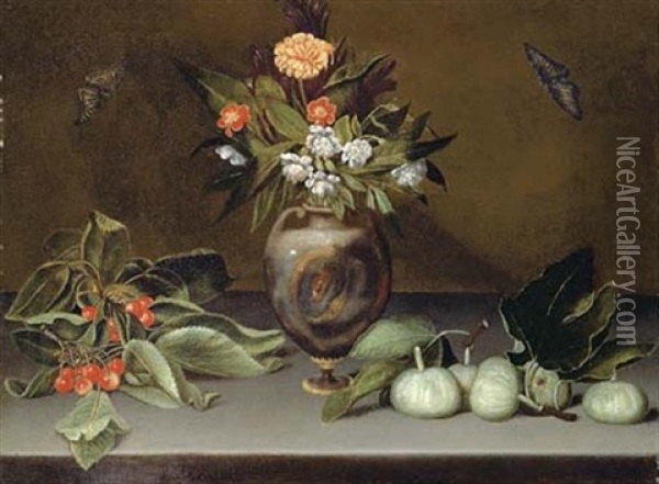 Narcissi And A Carnation In An Urn On A Stone Ledge With Cherries, Figs And Butterflies Oil Painting -  Caravaggio