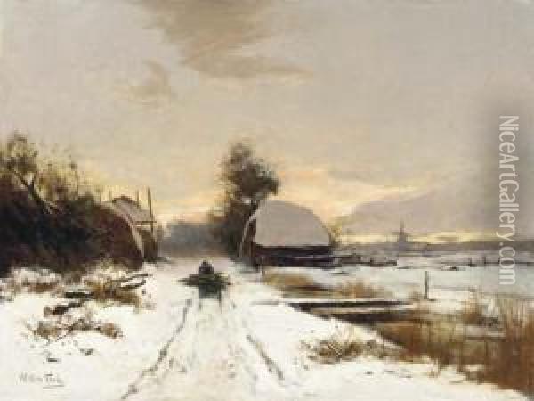 Winter: A Woodgatherer On A Snow Covered Path At Dusk Oil Painting - Hendrik Otto Van Thol