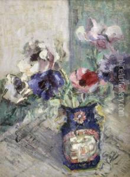 Anemones In Blue Oil Painting - Louise Pickard