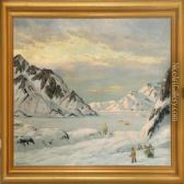 Evening Winterscene In The Vaigat, Greenland Oil Painting - Emanuel A. Petersen