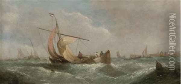Dutch Barges Drying Their Sails At Dusk (+ A Blustery Day Offshore; Pair) Oil Painting - William Callcott Knell