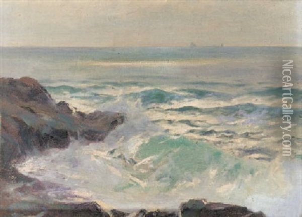 Waves Breaking Onto A Rocky Shore Oil Painting - Julius Olsson