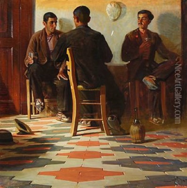 Three Italians Around A Table Oil Painting - Knud Sinding