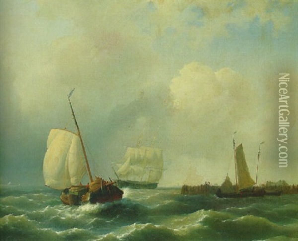 Striking The Coast On A Breezy Day Oil Painting - Abraham Hulk the Elder