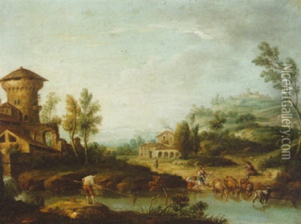 A Wooded River Landscape With Peasants And Animals Oil Painting - Giovanni Battista Cimaroli