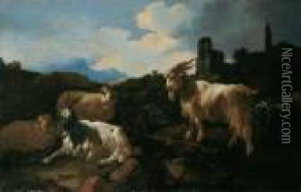 Ziegen Vor Ruinen In Der Romischen Campagna. Ol Auf Leinwand (doubliert). H 72,5; B 112 Oil Painting - Philipp Peter Roos