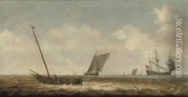 Fishermen In A 'smalschip' Drawing In Their Nets, Other Shipping Beyond Oil Painting - Pieter the Younger Mulier