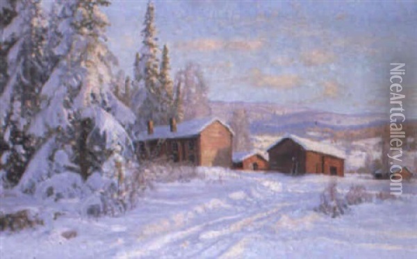 Vintermotiv Med Norrlandsk Gard Oil Painting - Carl Brandt