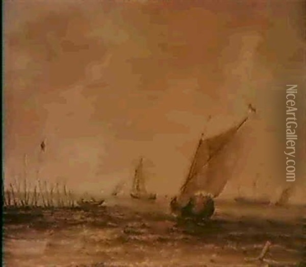 A) Marine, Bateaux De Peche                                 B) Marine, Bateaux De Peche, Au Loin Une Ville.... Oil Painting - Pieter Mulier the Elder