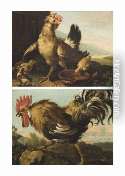 A Hen With Its Chicks; And A Cockrell (pair) Oil Painting - Melchior de Hondecoeter