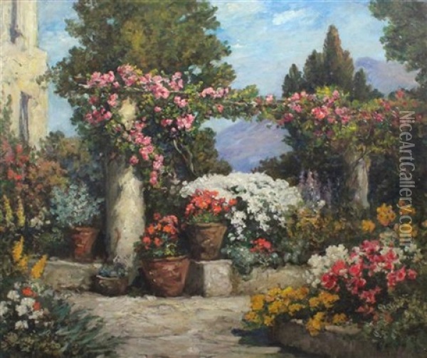 Flowers On A Terrace Oil Painting - Tom Mostyn
