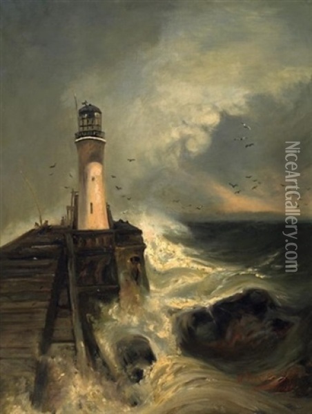 Leuchtturm An Sturmischer Kuste Oil Painting - Walter Leistikow
